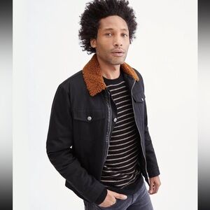 Men's Black Denim Jacket with Brown Sherpa Collar